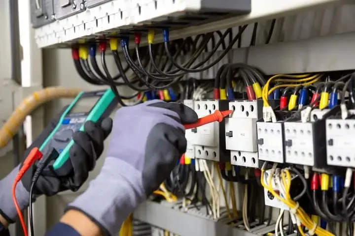Multimeter probes on a circuit breaker board