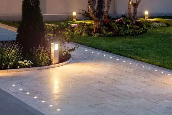 Bollard lights along a garden path