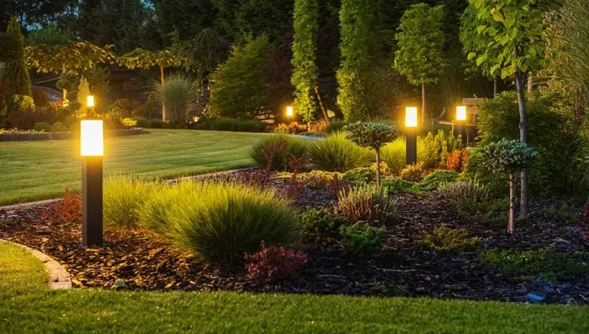 Garden lighting across a lawn at dusk