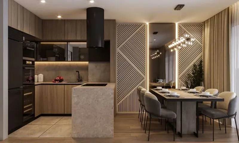 A lit kitchen and dining area