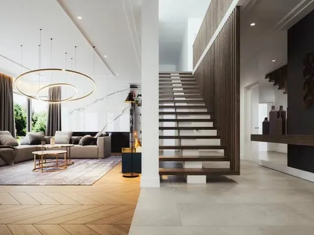 A pendant light over a staircase