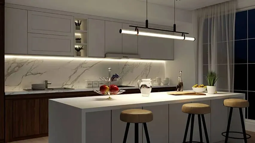 Pendant lighting over a kitchen island