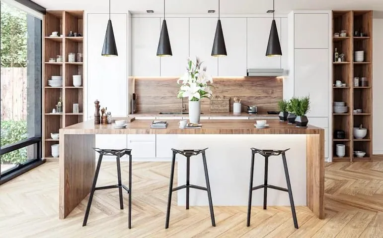 Three pendant lights over an island bench