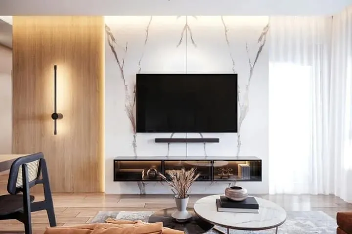 A wall-mounted TV in a living room