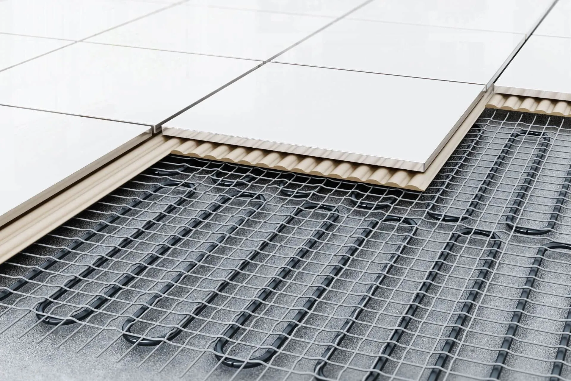 An electric heating mat under floor tiles